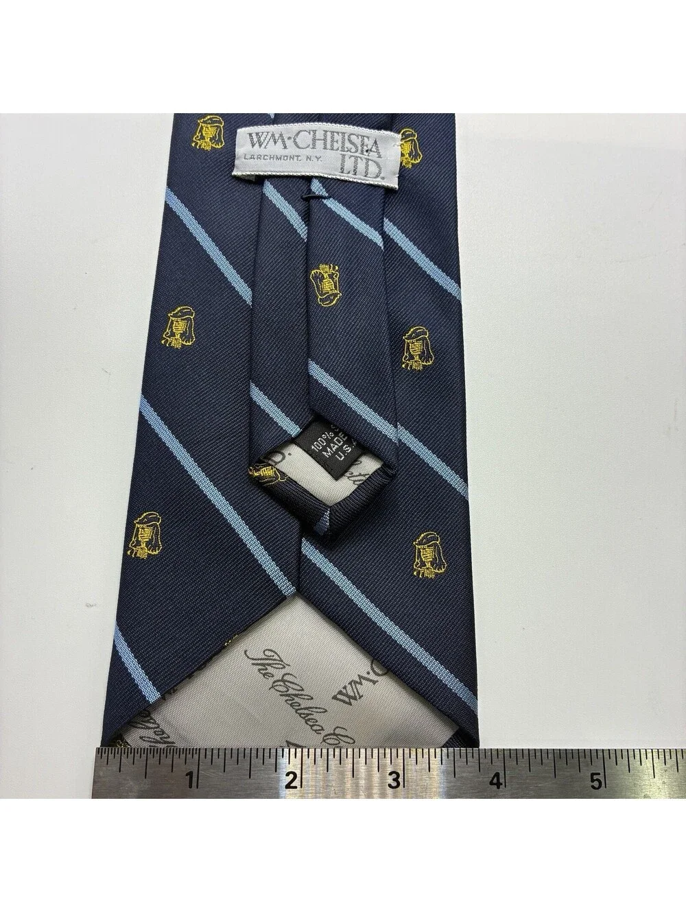 Vintage WM Chelsea LTD Embroidered Blue Club Striped Neck Tie Gold USA Silk VTG